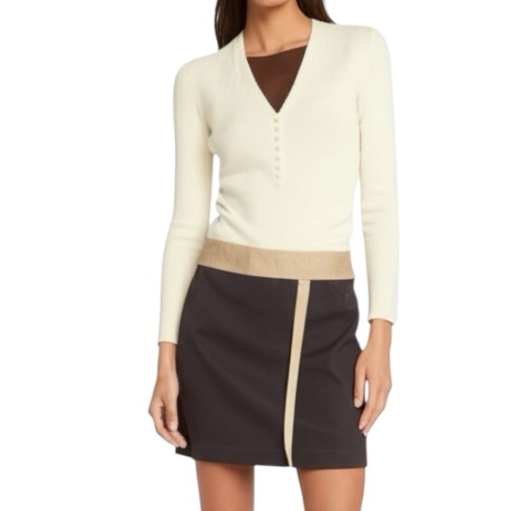Y2K Amelia Colorblock Stripe Knit Mini Pencil Skirt Espresso Brown Cream Office